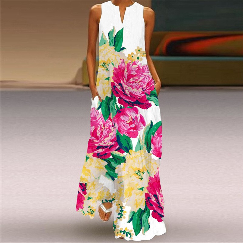 2025 new summer cross-border foreign trade women's 3D printing sleeveless V collar dress