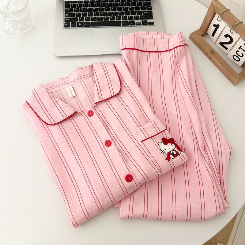 条纹kitty睡衣女春秋长袖长裤云朵棉卡通可爱学生宽松家居服套装|undefined