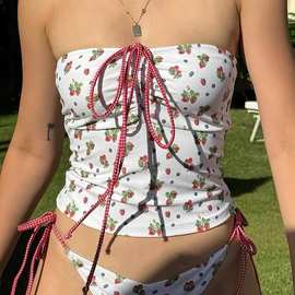 可爱草莓印花抹胸泳衣女2024夏季新款抽绳分体纯欲遮肚显瘦泳装