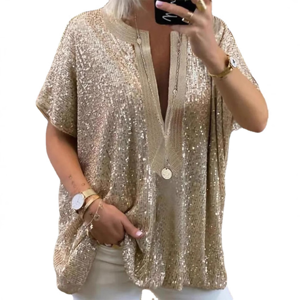 Abbigliamento donna casual, camicetta a maniche corte con scollo a V e paillettes, vestibilità ampia, top con scollo a V profondo per abbigliamento casual_voghion.com