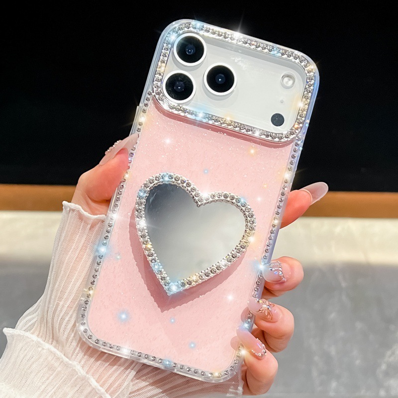 闪钻边框补妆镜子适用苹果17手机壳iPhone16promax奢华爱心支架15|undefined