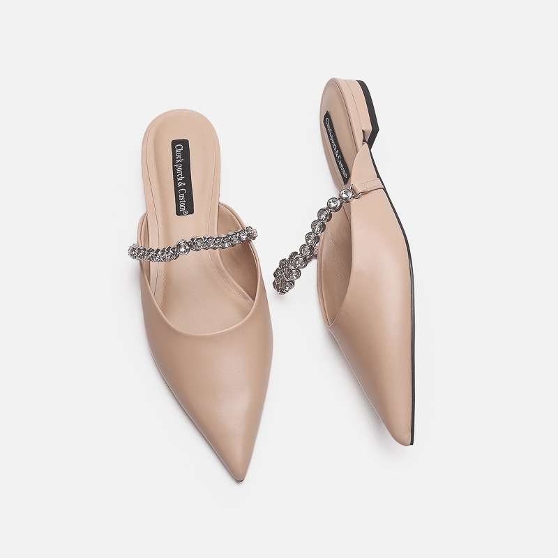 Silver Gemstone Chain Pointed Toe Mules For Women Elegant Flats_voghion.com