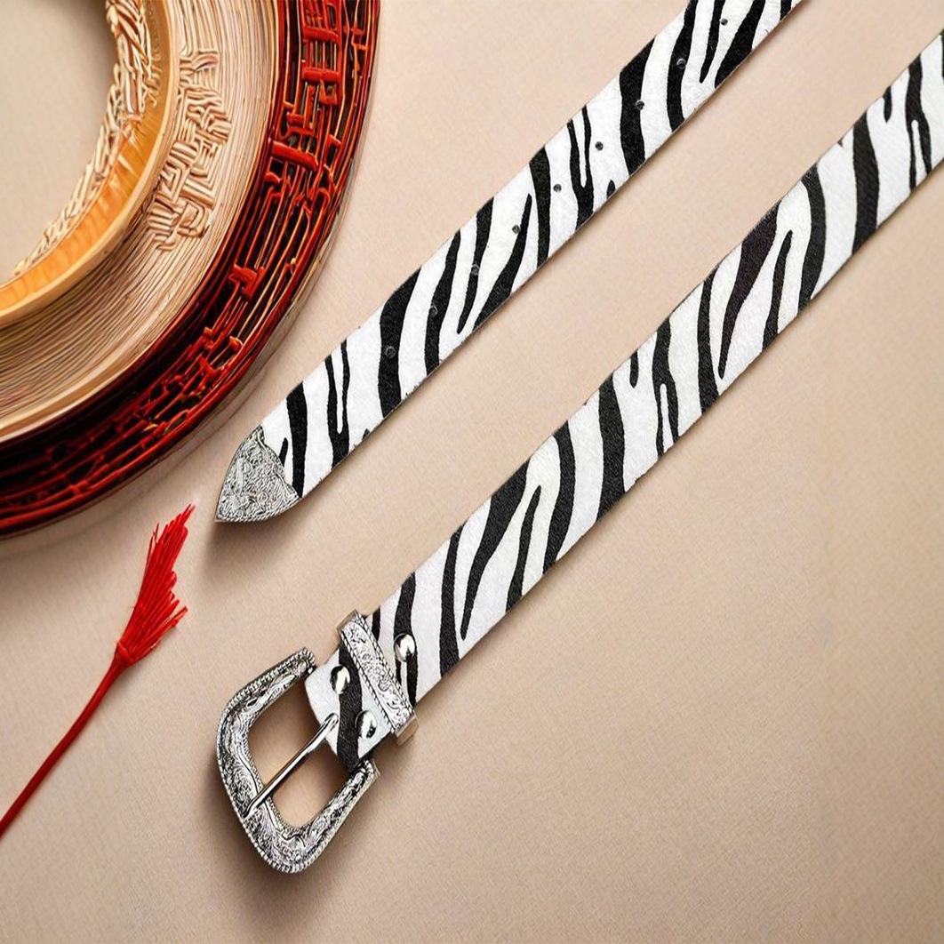 Cinturón vaquero occidental con hebilla floral grabada, juego de tres piezas, diseño de crin de caballo con estampado de cebra, moderno y original.