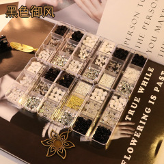 Trendy Camellia Jewelry for Nail Art: Black-and-White Floral Resin Design in Vintage Style—Featuring Elegant White Pearls and Sparkling Rhinestones for Three-Dimensional Nail Decorations