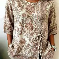 Summer Amazon Cross-Border European and American Women's Clothing Tops Printed Casual Short-Sleeved Drawstring Bow Shirts Support Dropshipping