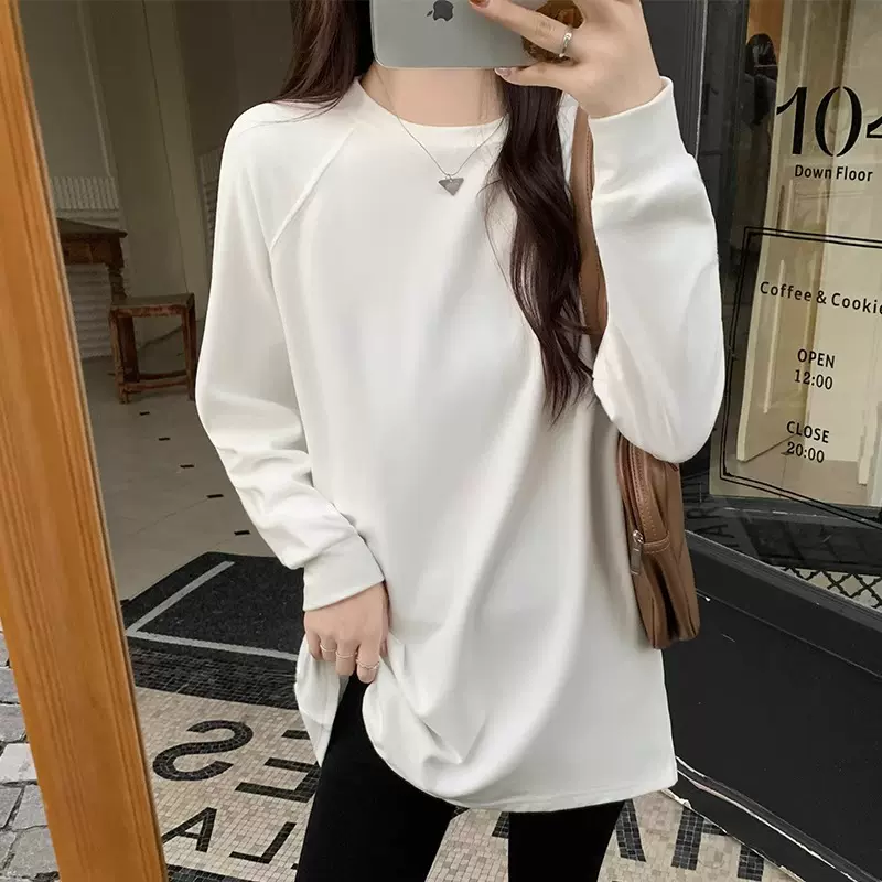 白色德绒加厚打底衫女秋冬新款宽松肚子显瘦长袖卫衣叠穿T恤上衣