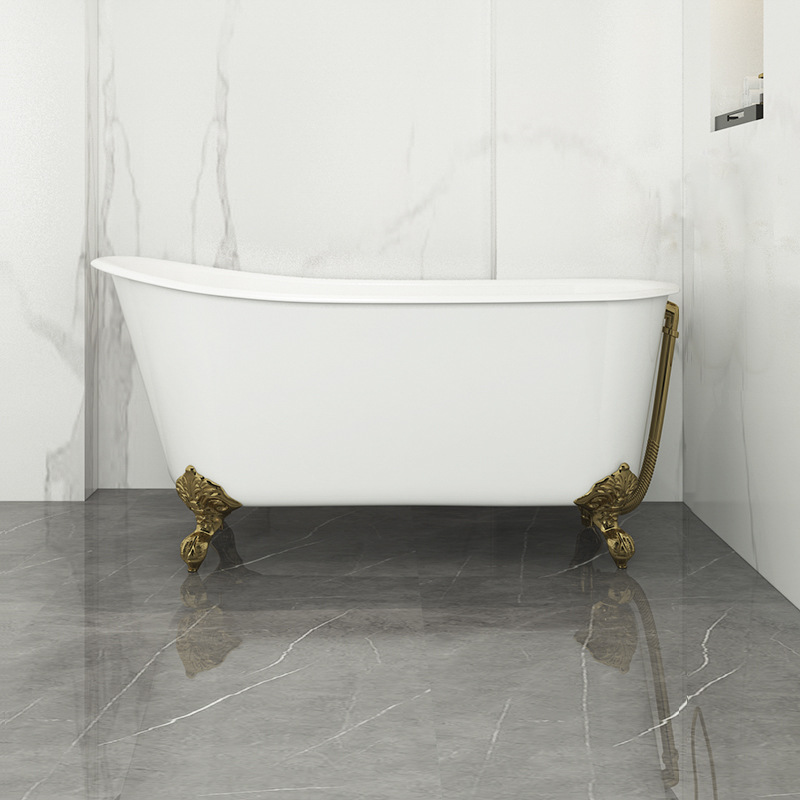 흰색 욕조 + 황금 발 + 황금 배수구
