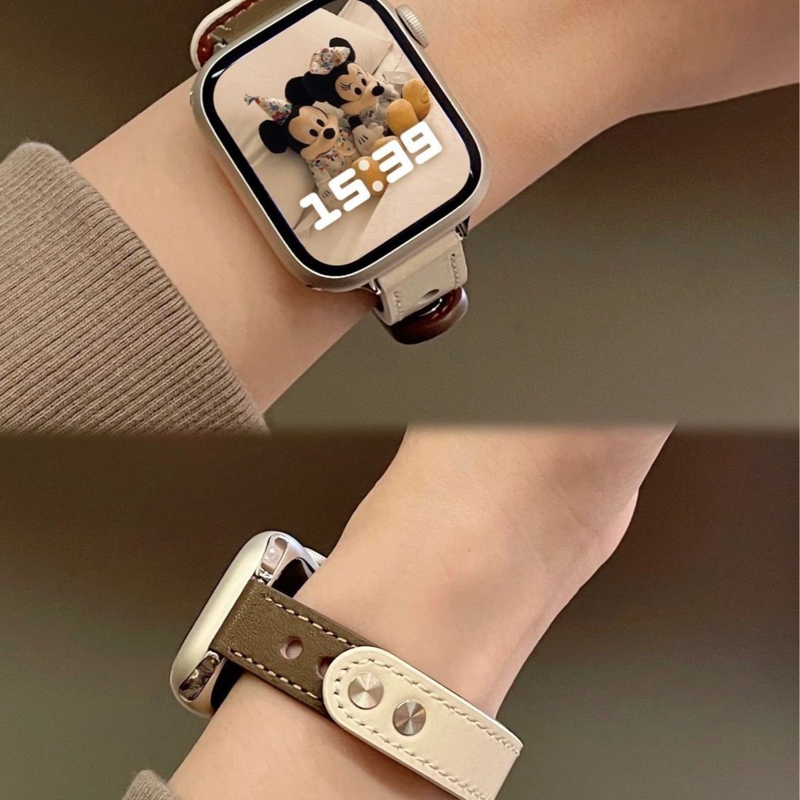 Suitable for Apple iWatch Smart Watch with Thin Leather Color-Blocked Double-Stud Ins High-End Retro Universal Style