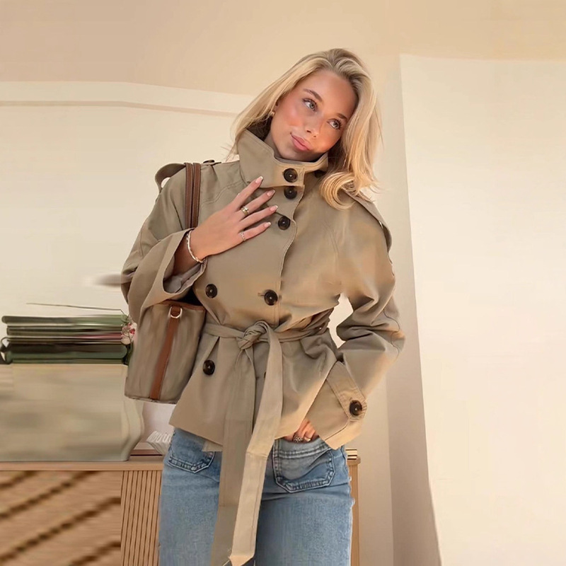 In-Stock Cross-Border New Vintage Style Lapel Design Double-Breasted Tie-Waist Versatile Long-Sleeve Short Trench Coat for Women
