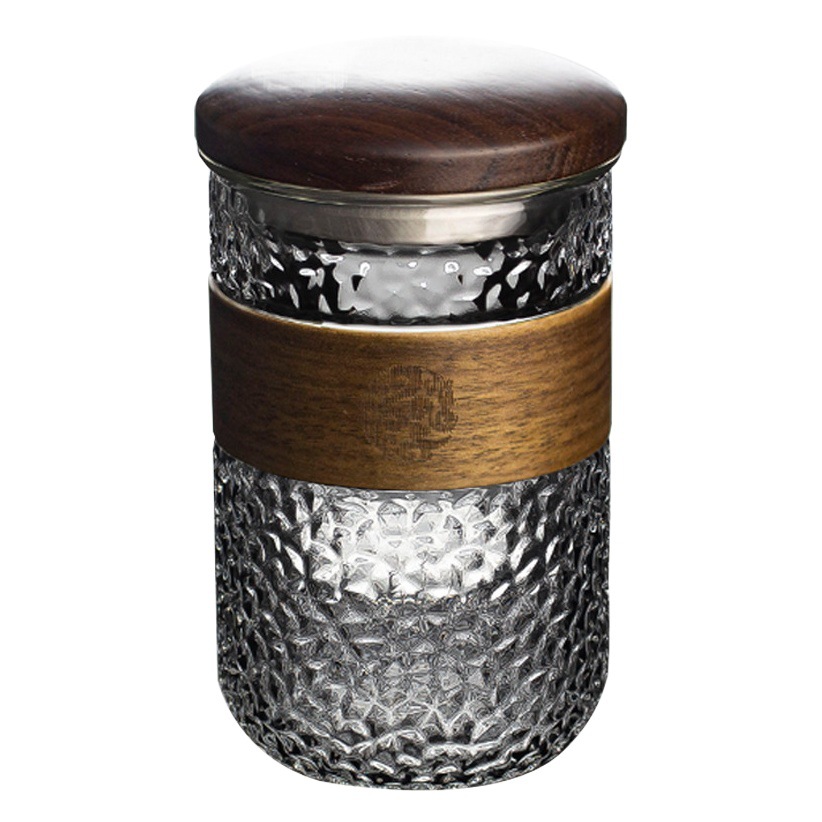Taza de agua de vidrio de estilo japonés cubierta de madera antiquemaduras Taza de té verde patrón de martillo separación de té con tapa filtro taza de té de oficina