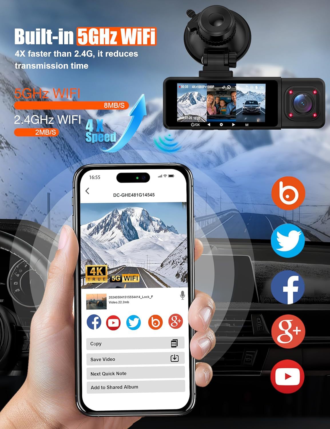 4K Ultra HD Triple-Camera Dash Cam with Wide-Angle Night Vision and Parking Monitoring, Complete Set of Accessories