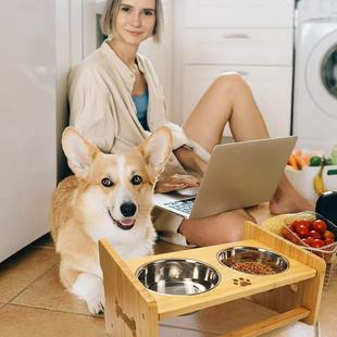 Wooden Large Dog Feeding Rack Solid Wood Double Bowl Elevated Adjustable Height Anti-Knock over Pet Rack
