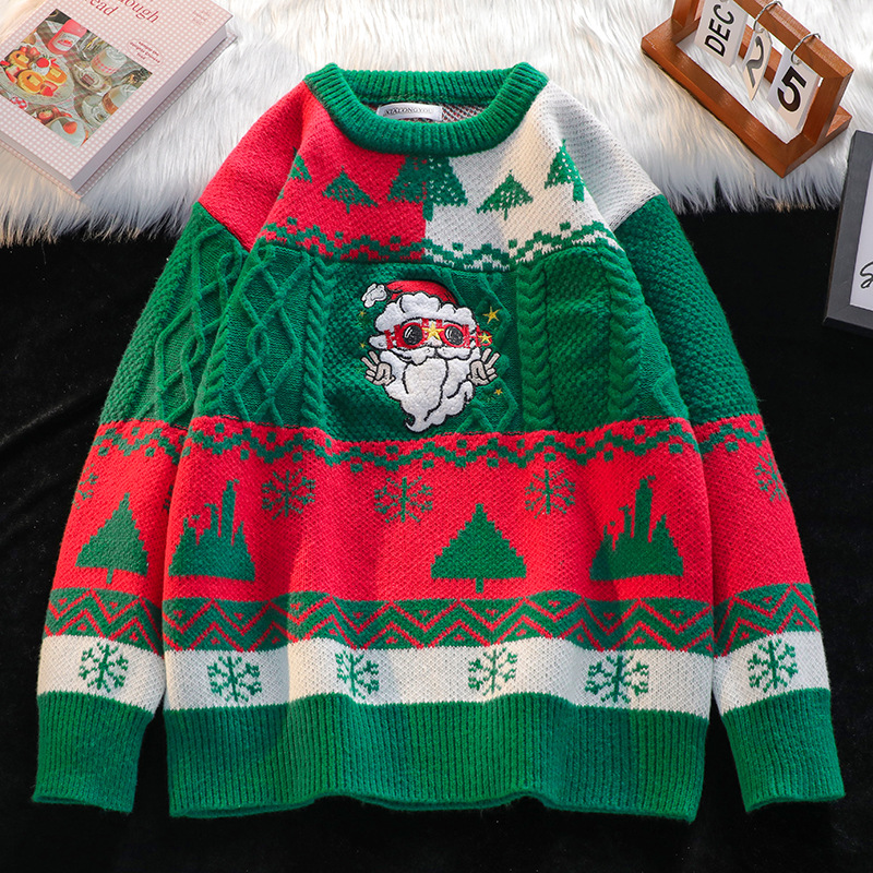 Suéter de Navidad para hombres y mujeres, diseño suelto, Santa Claus flocado, tendencia de gran tamaño, camiseta de punto de pareja de industria pesada.