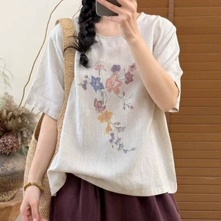 2026夏季新款文艺复古印花棉麻宽松大码女装百搭显瘦短袖T恤上衣