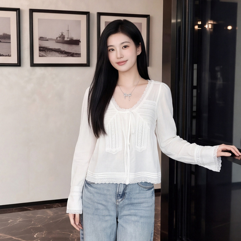 [in Stock] Customizable High-End Women's Clothing from Shenzhen Nanyou, New Summer Style, Elegant Romantic Lace-Trimmed Tie-Up Shirt