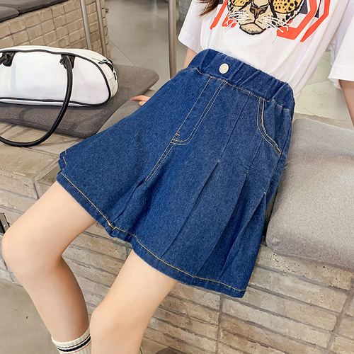 Girls' Summer Wide-Leg Denim Shorts with Pleated Skirt, Large Children's Loose Hot Pants for Girls, Casual Dress Pants