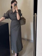 设计感假两件衬衣系带连衣裙一片式收腰显瘦长袖长裙韩版气质笙陇