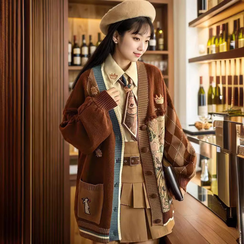 春秋新款甜美清新印花开衫毛衣女美拉德棕色V领针织外套宽松显瘦|undefined