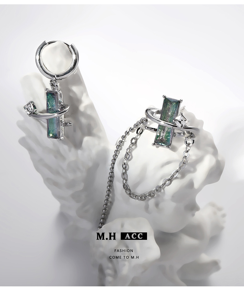 Misty and colorful chain earrings, unique asymmetrical design for women, niche futuristic style S925 silver needle stud earrings pic 7