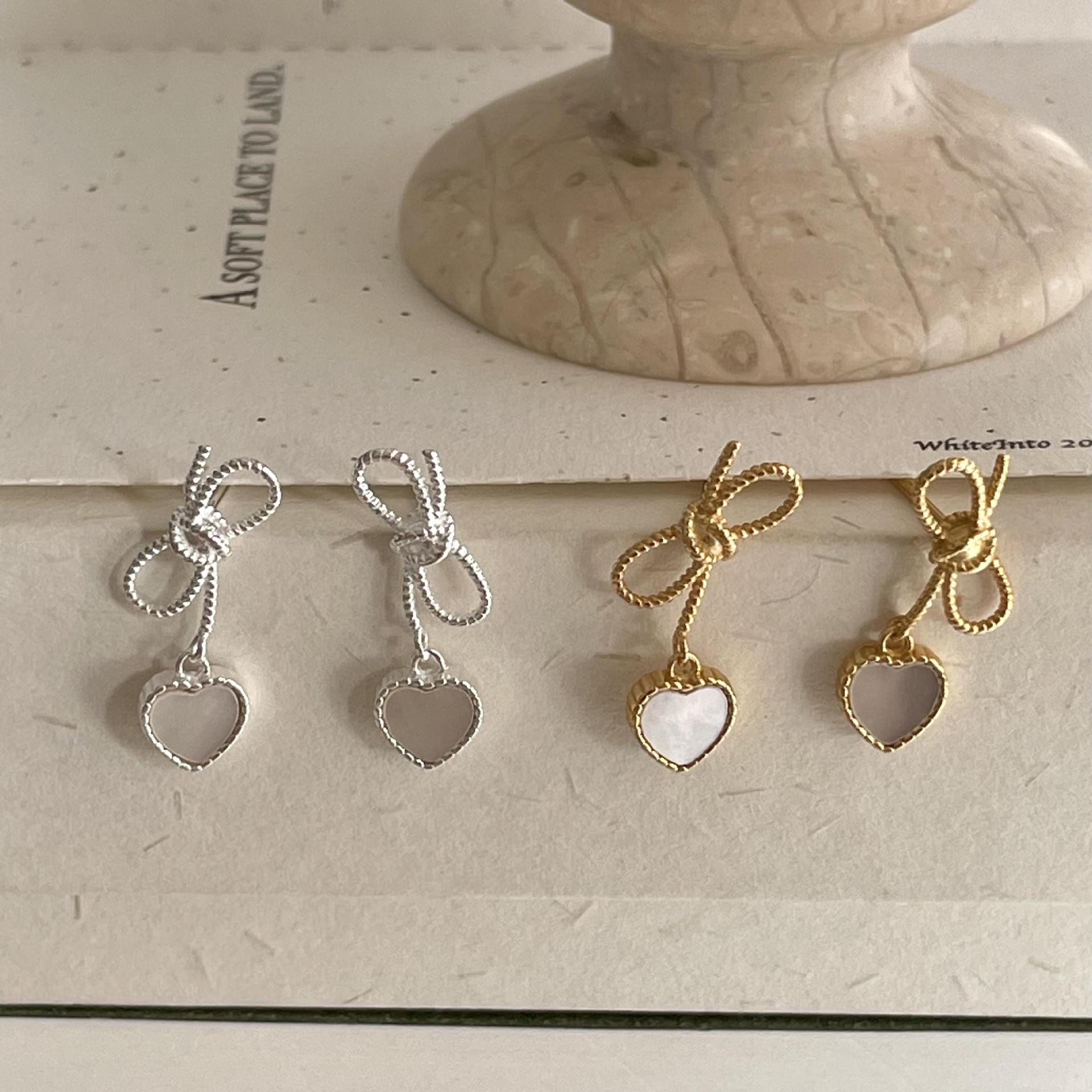 Inlay Design 1 Pair 18K Gold Plated 925 Sterling Silver Shell 925 Sterling Silver Earrings Heart Shape Bow Knot Drop Earrings