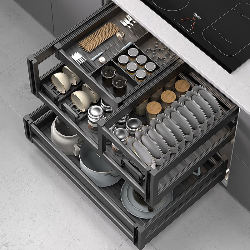 Kitchen Pull-Out Basket, Kitchen Cabinet Aluminum Alloy Double-Layer Storage Dish Rack, Pull-Out Type