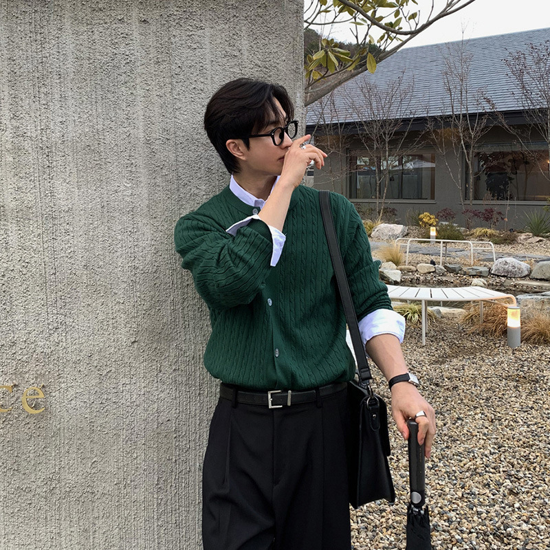 工厂春秋韩系针织衫男士开衫长袖小众时尚质感百搭毛衣宽松麻花纹|undefined