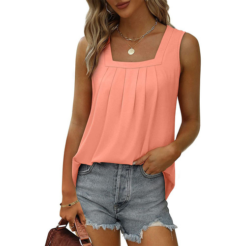 2024 Hot-selling Sleeveless Square-Neck Vest T-shirt for Women, Solid Color Pleated Fishtail Strappy Fashionable Bottoming Top