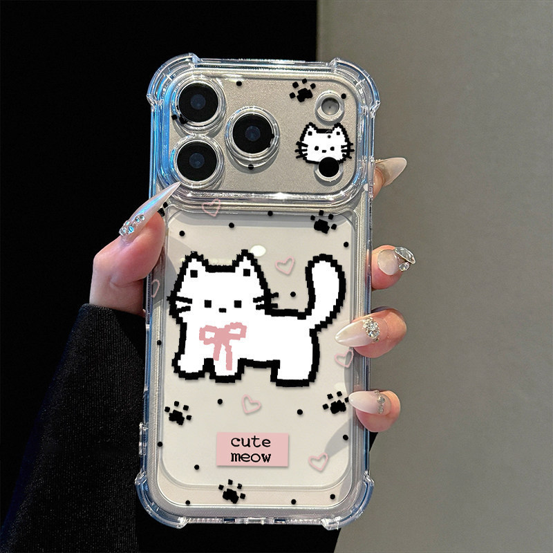 Pixel-Style Kitten-Themed Four-Corner Anti-Drop Airbag Phone Case for Apple 17 Pro Max iPhone 16/15/14
