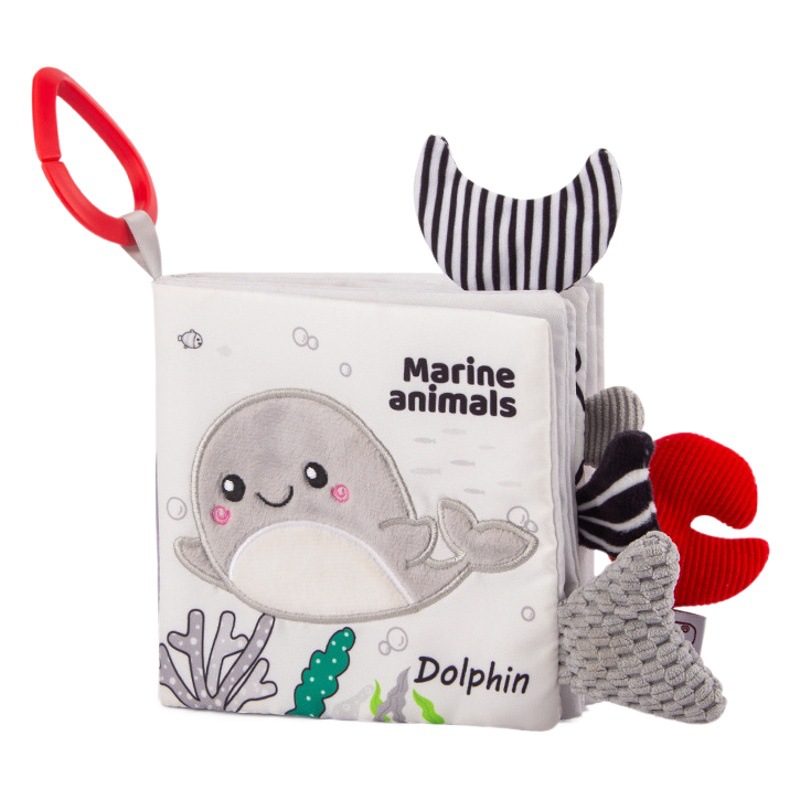 Libro de tela Happymonkey para la educación temprana del bebé, libro de tela blanco y negro con cola, estimulación visual y táctil para bebés de 0 a 1 año