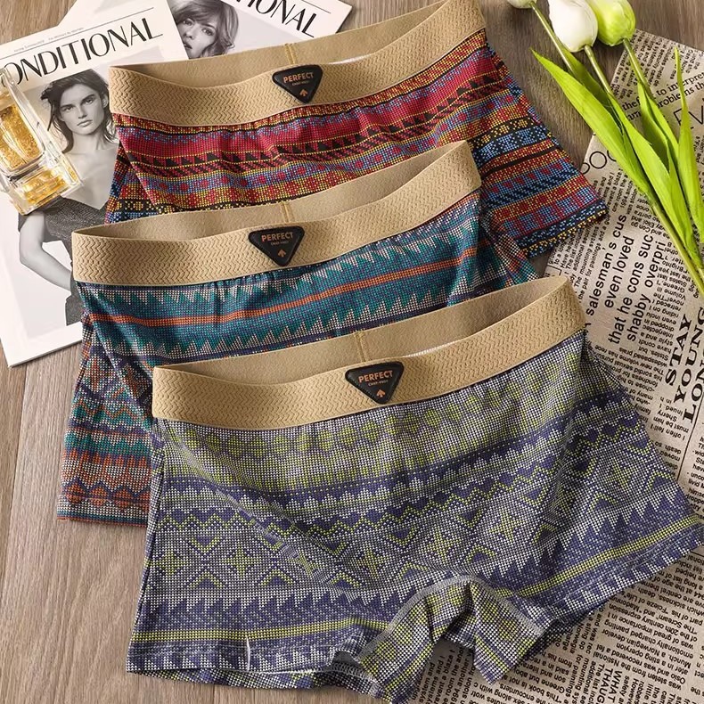 Retro Ethnic Style 10A Antibacterial Women's Boxer Briefs Pure Cotton Antibacterial Boxer Briefs Full Hip Coverage Without Pinching Buttocks