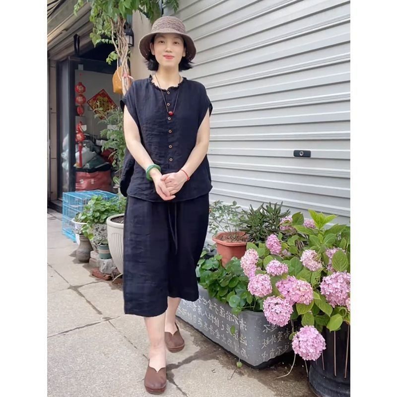 休闲通勤时尚棉麻套装夏季新款百搭好看无袖上衣七分裤两件装女装|undefined