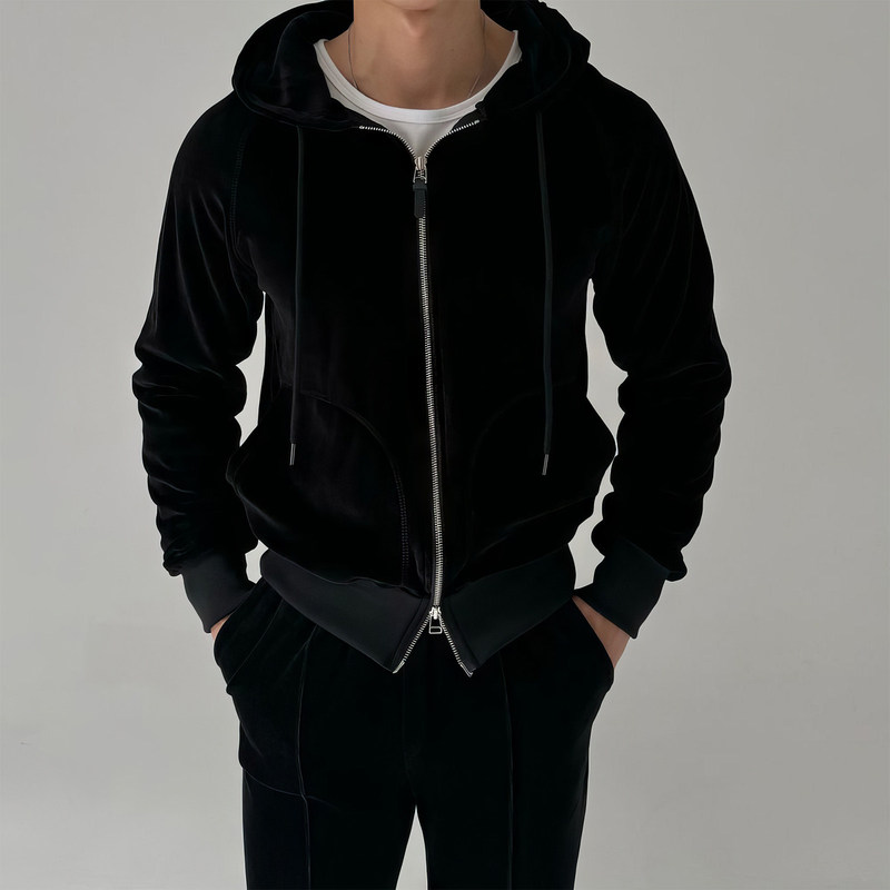 Davidme Black Velvet Hooded Cardigan Sweatshirt Men's Spring & Fall Slim Fit Versatile Top Casual Sports Suit Davidme Black Velvet Hooded Cardigan Sweatshirt Men's Spring & Fall Slim Fit Versatile Top Casual Sports Suit