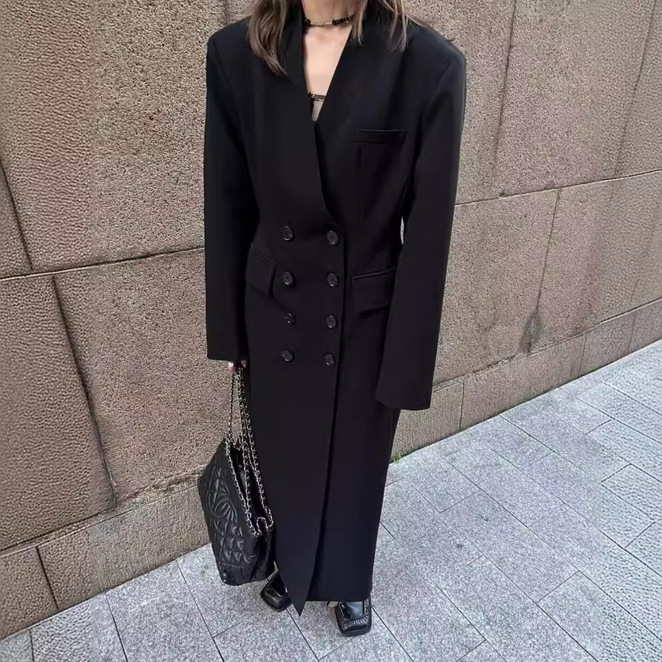 Korean Style Elegant Niche Design Sense Double-breasted Windbreaker Women's Autumn New V-neck Tight Waist Draping Suit Long Jacket