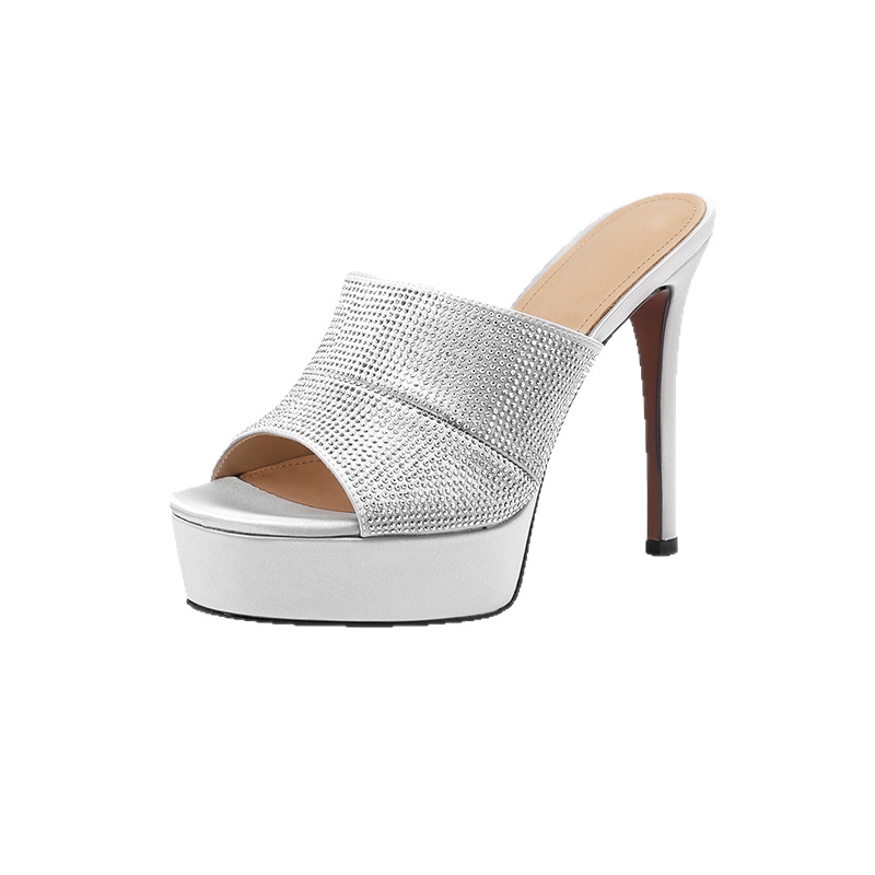 Sandal cao gót nữ quai một dây đính đá, gót nhọn 9 cm, đế platform — đen