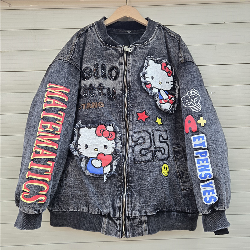 Marca de moda europea desmontable chaqueta de revestimiento interior, chaqueta de vaqueros de dibujos animados extranjeros, chaqueta bordada, chaqueta de béisbol de algodón