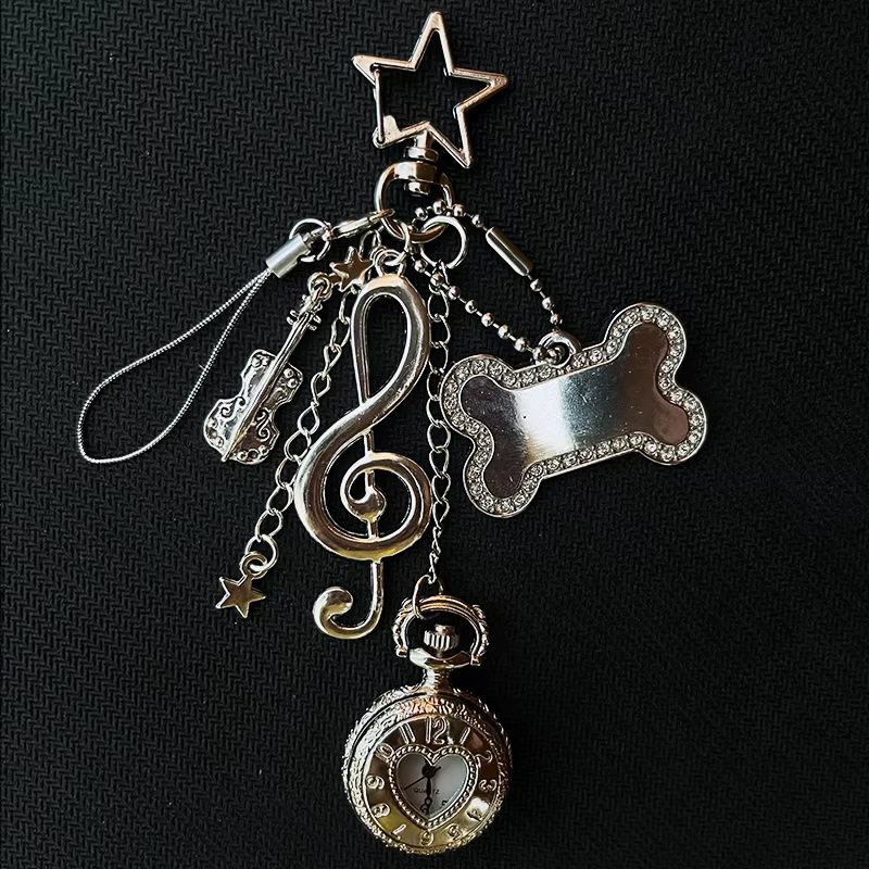 Vintage Heart Keychain Pocket Watch Pendant Star Moon Necklace_voghion.com