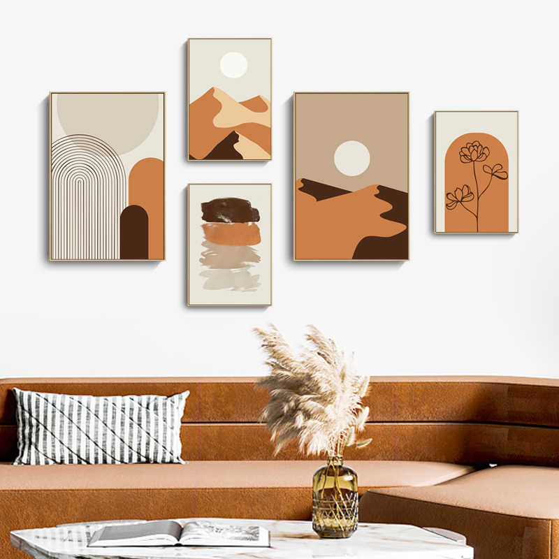 Modern Minimalist Living Room Decorative Painting Nordic Style Sofa Background Wall Combination Picture Morandi Orange Luxury Restaurant Mural