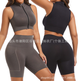 Cross-border Yoga suit Body-shaping Split Zip Sport Top Belly Side Pocket Shorts