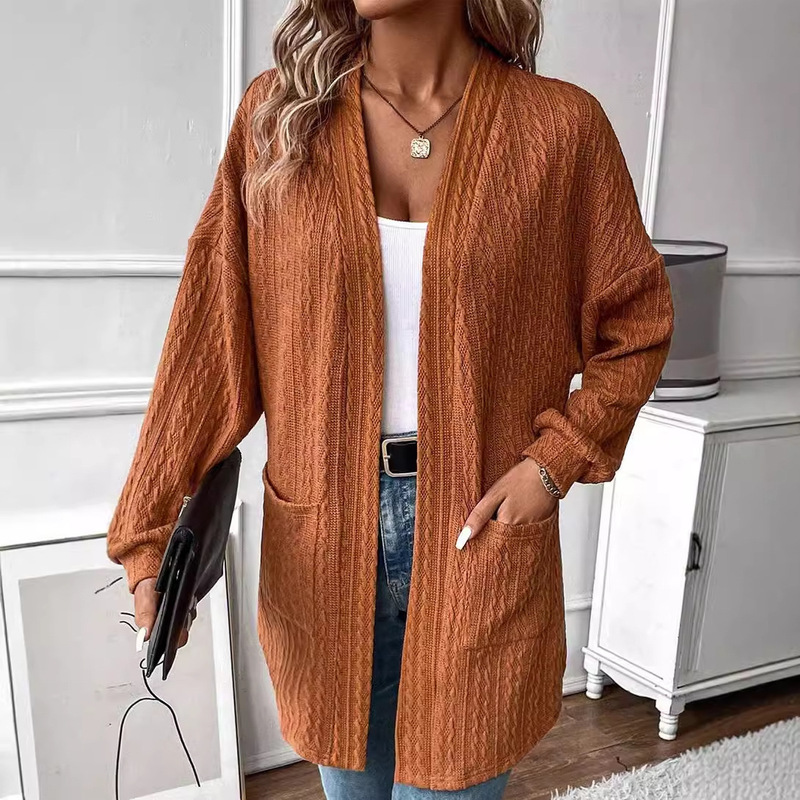 Autumn New Solid Color Long-Sleeve Cardigan for Women, European and American Style, Long Casual Versatile Textured Knit Sweater for Women, One-Piece Wholesale
