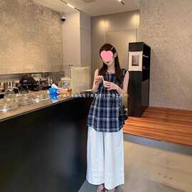 宽松无袖娃娃衫上衣2025新款夏季日系甜美设计感小众格子衬衫女潮