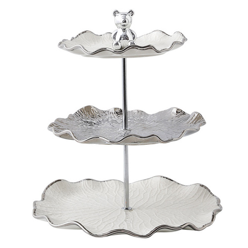 Small Bear Silver-Edge Silver Light Luxury Decor Fruit Plate Ceramic Multi-Layer String Plate Dessert Stand Cake Fruit Plate Home Living Room
