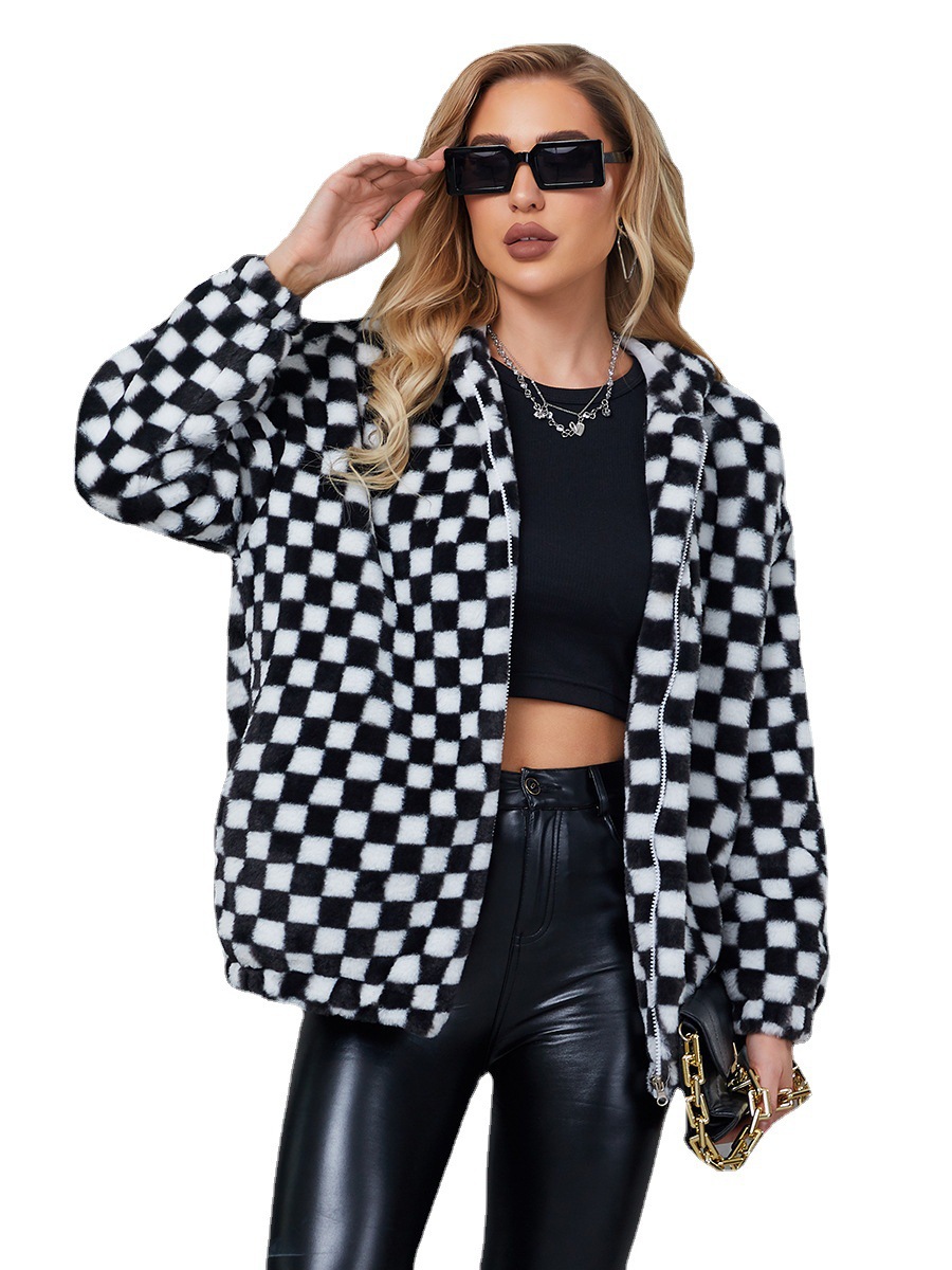Women's imitation fur outerwear black and white checked short coat_voghion.com