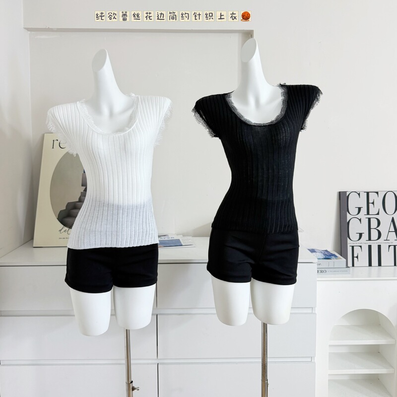 Lace Milk Candy Fine Alpaca Wool Lace-Trimmed Short-Sleeve Knit Gentle T-Shirt Top 2026 Summer New Slim Fit