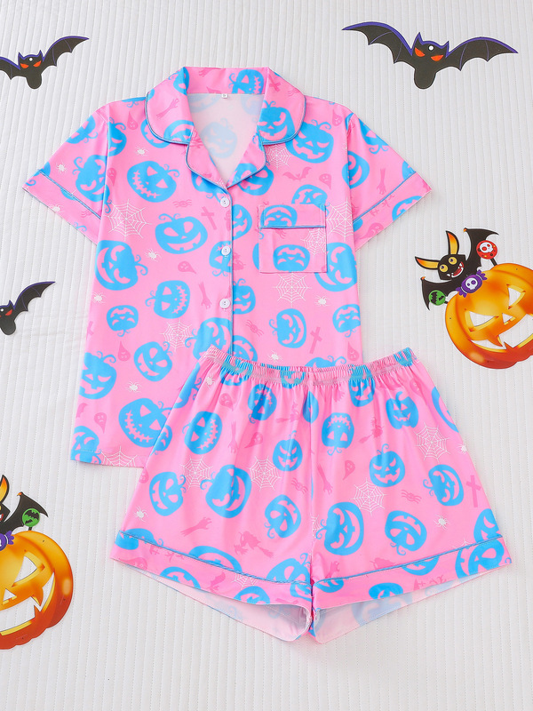 国境を越えた貿易ハロウィンレディース半袖ショーツ四季パジャマセットカーディガンラペルホーム服ゆったりと快適|undefined