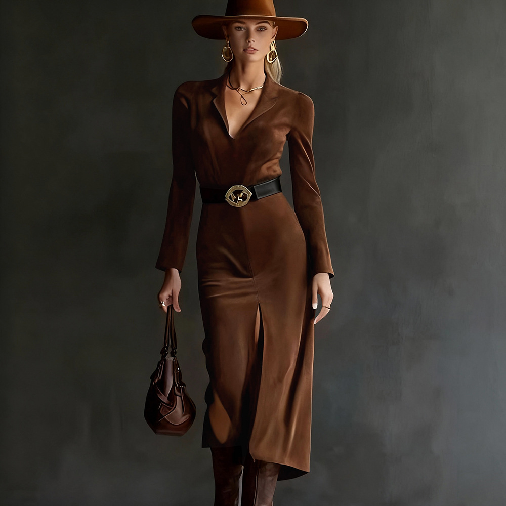 欧美跨境独立站2025秋冬麂皮绒气质收腰西装领开叉连衣裙女含腰带