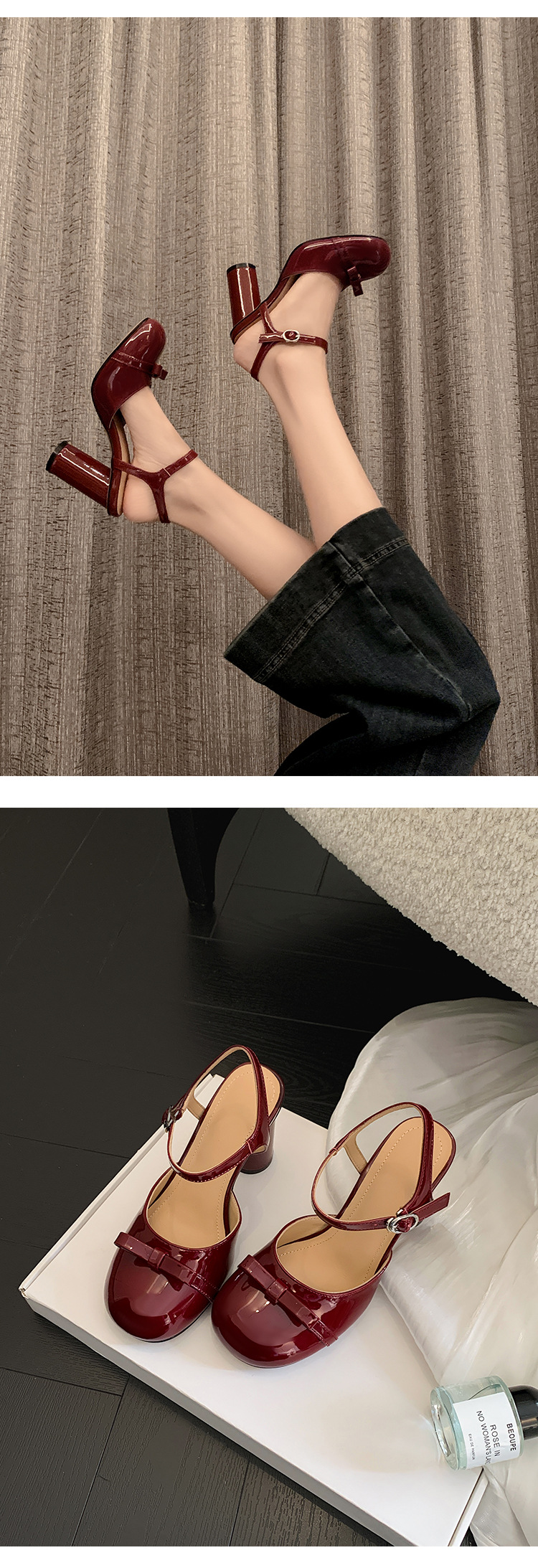 Sandal cao gót nữ mũi nhọn quai ngang nơ bướm, gót vuông ổn định — màu đen, Rượu vang đỏ, màu mơ chi tiết 20