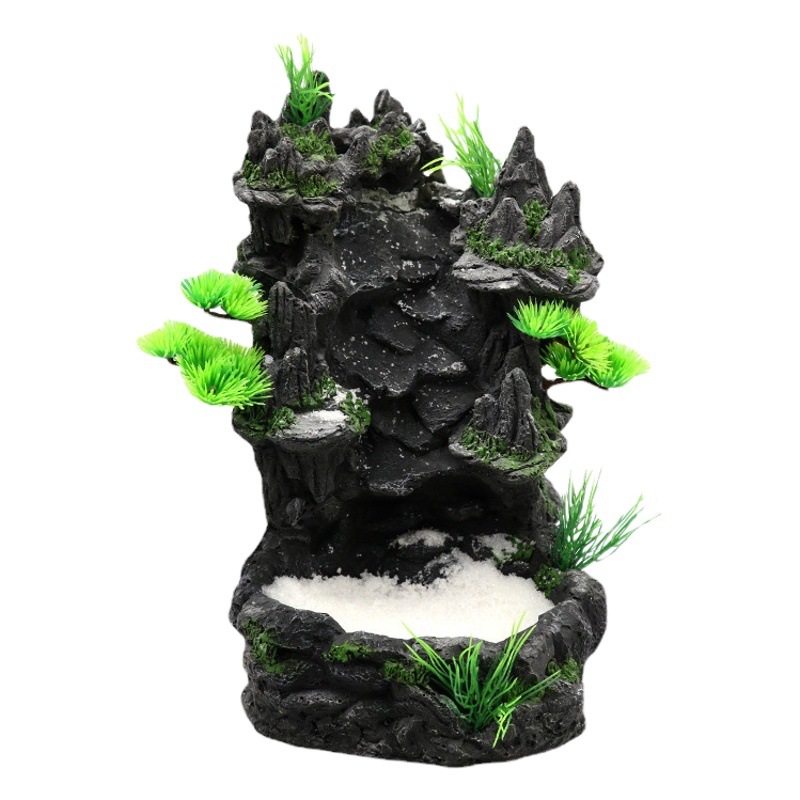 Decoración ecológica de pecera con cascada de arenas movedizas – paisaje de selva y feng shui en resina