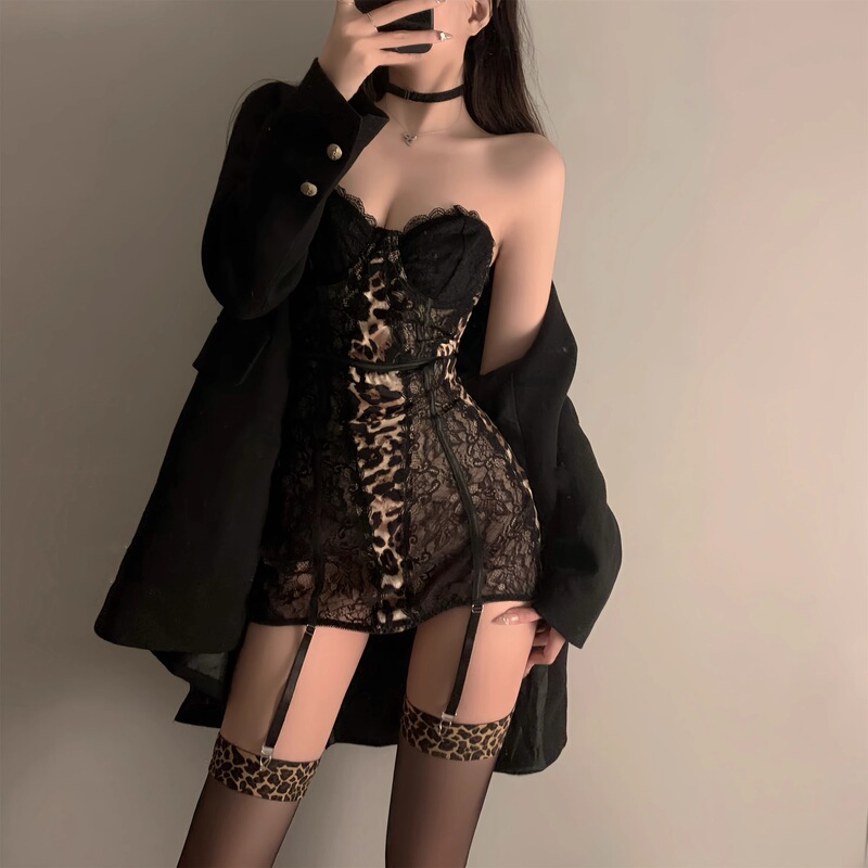 2026 New Sexy Hot Girl Halter Neck Lace Patchwork Leopard Print Tube Top Dress Low-Cut Hot Bodycon Nightgown for Women 2026 New Sexy Hot Girl Halter Neck Lace Patchwork Leopard Print Tube Top Dress Low-Cut Hot Bodycon Nightgown for Women