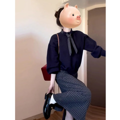学院风毛衣针织衫女秋季新款miu里miu气穿搭套装中长格子半身裙