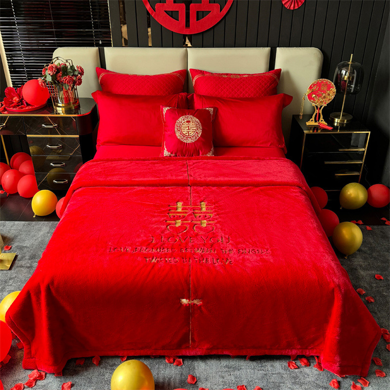 가을과 겨울 두꺼운 따뜻한 담요 웨딩 클라우드 담요 가짜 모피 토끼 벨벳 웨딩 담요 부티크 자수 축제 선물 담요